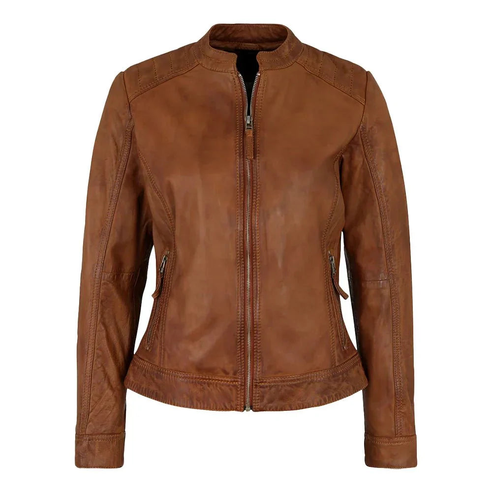 Womens Genuine Biker Brown Cognac Leather Jacket - Jackets Charm