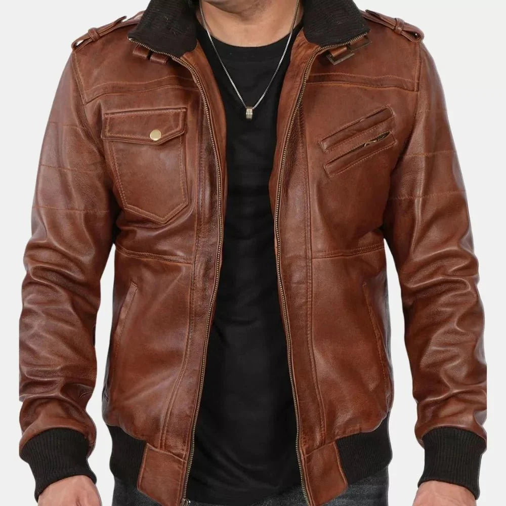 Brown Leather Bomber Jacket For Mens With Removable Hood - Jackets Charm