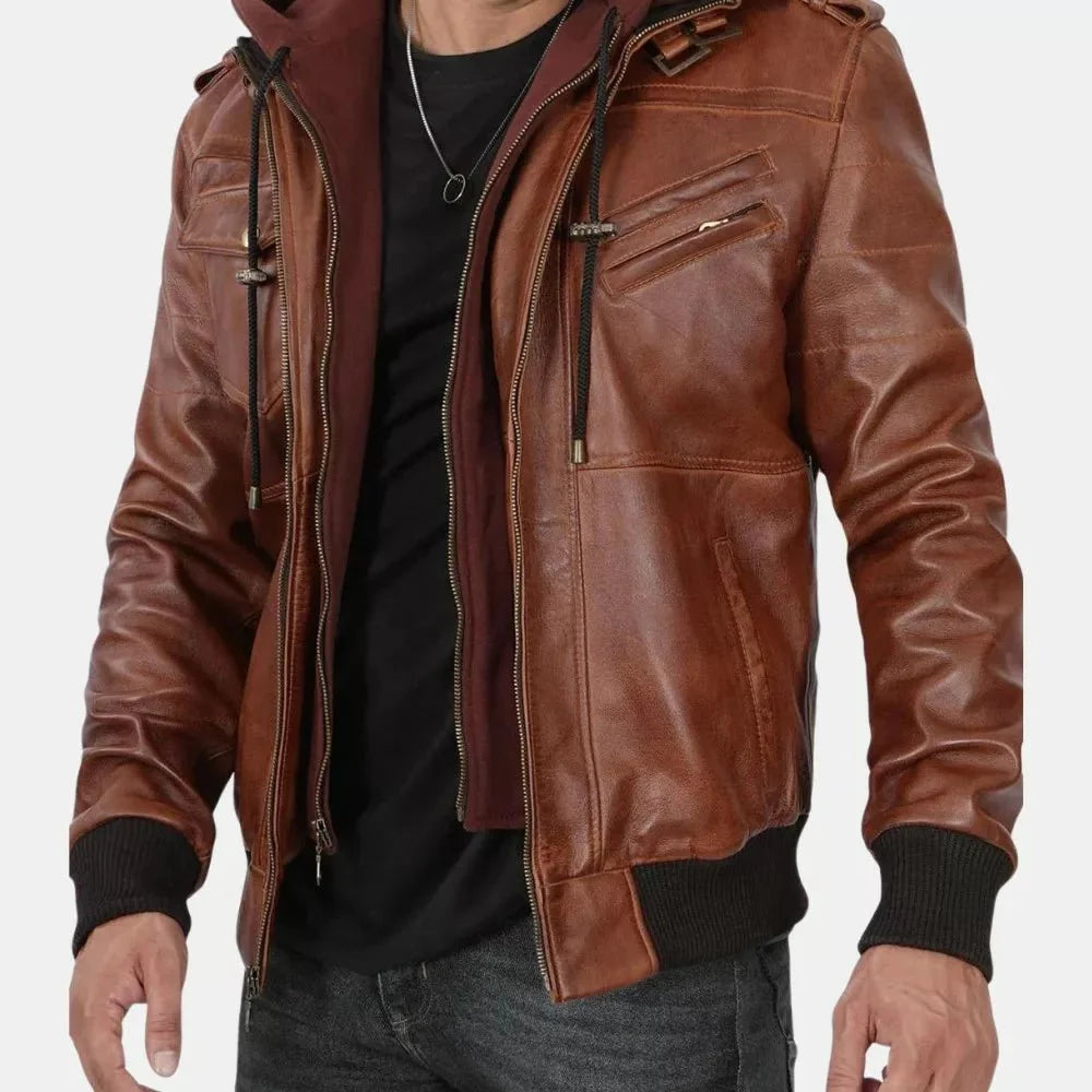 Brown Leather Bomber Jacket For Mens With Removable Hood - Jackets Charm