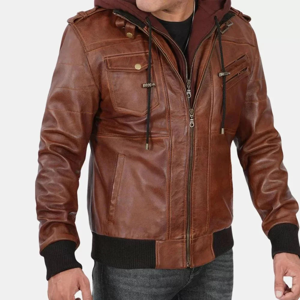 Brown Leather Bomber Jacket For Mens With Removable Hood - Jackets Charm