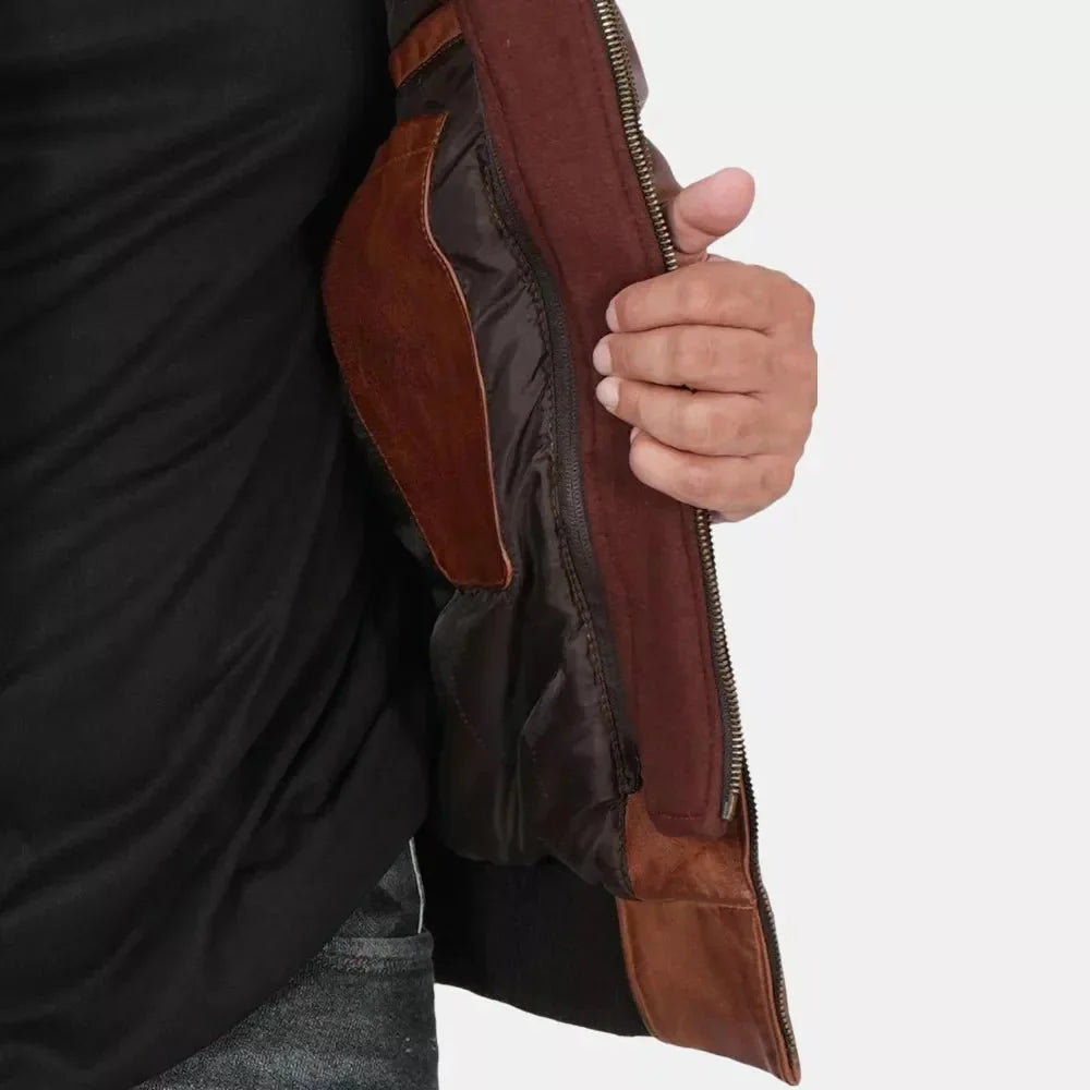 Brown Leather Bomber Jacket For Mens With Removable Hood - Jackets Charm