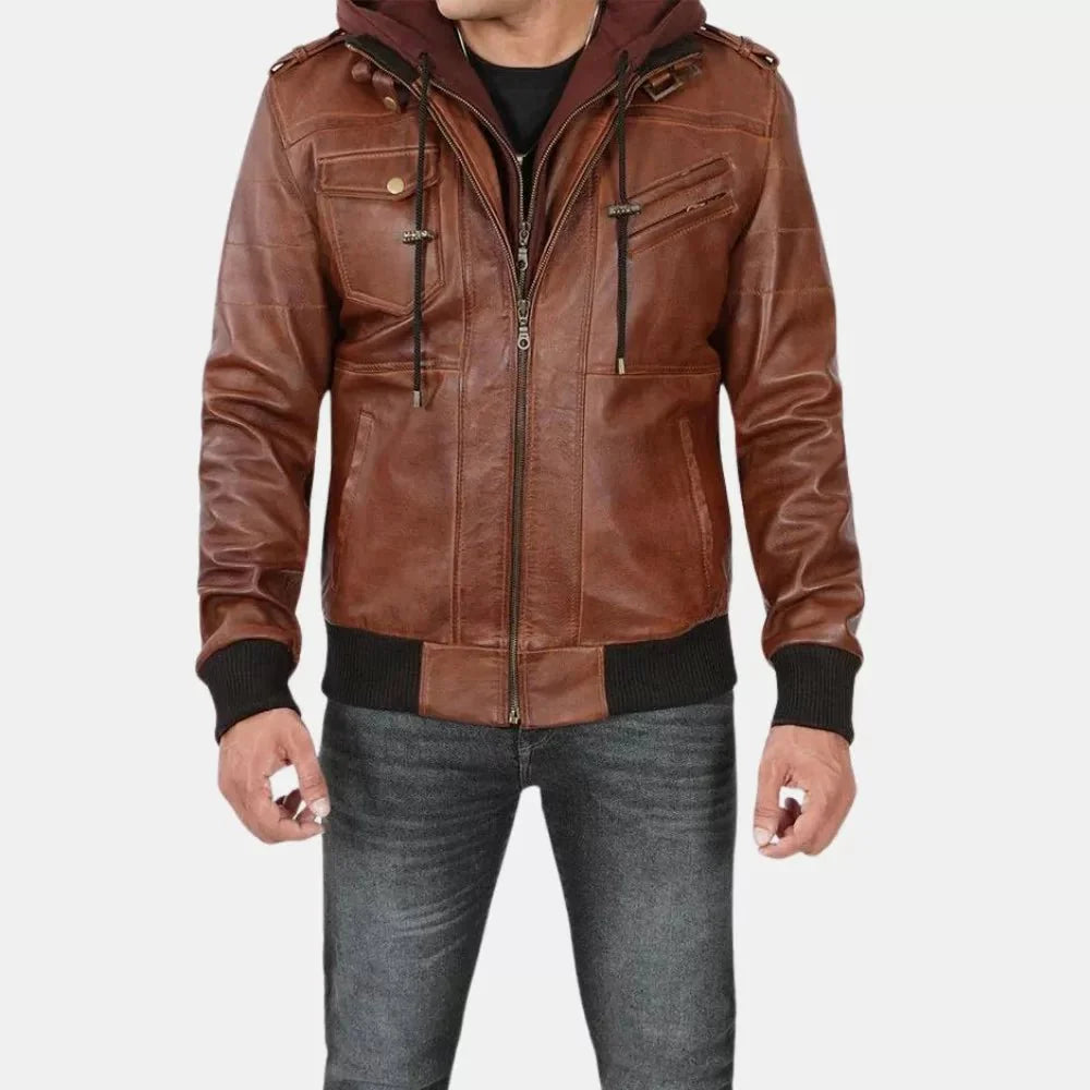 Brown Leather Bomber Jacket For Mens With Removable Hood - Jackets Charm