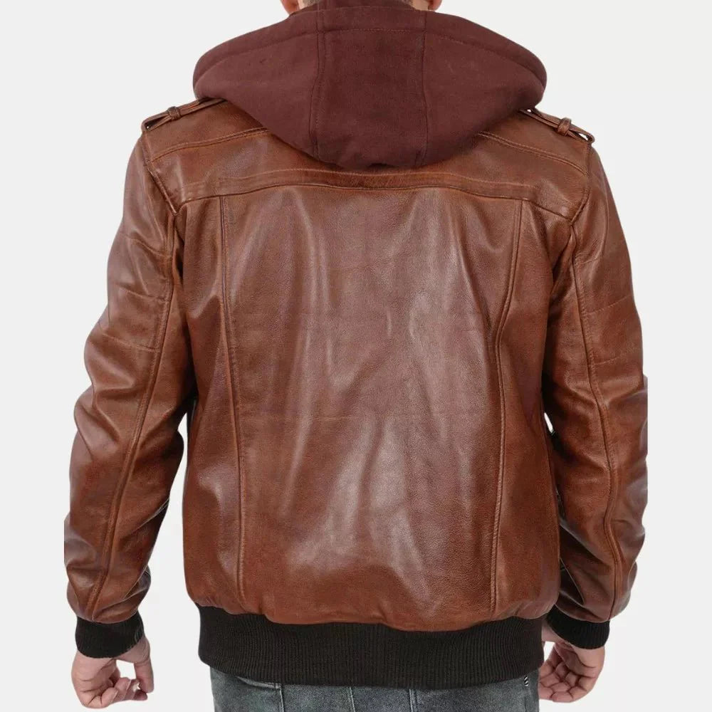 Brown Leather Bomber Jacket For Mens With Removable Hood - Jackets Charm