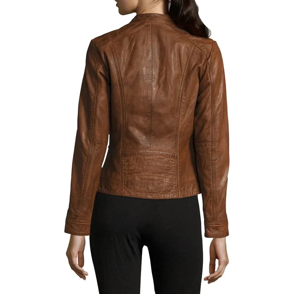Womens Genuine Biker Brown Cognac Leather Jacket - Jackets Charm
