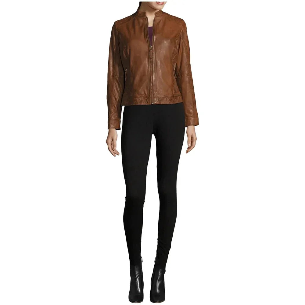 Womens Genuine Biker Brown Cognac Leather Jacket - Jackets Charm