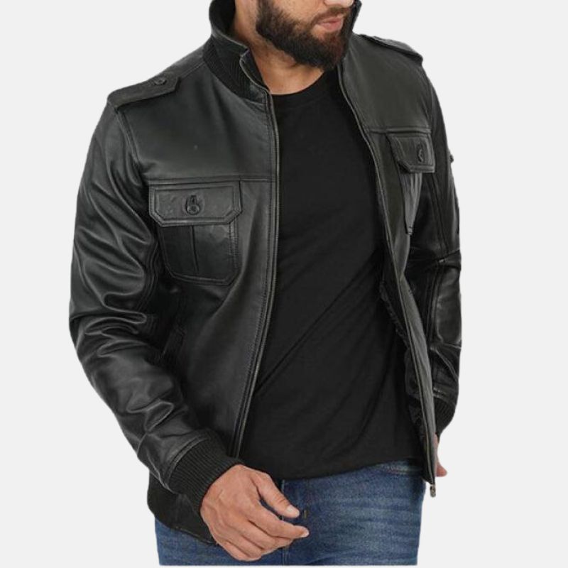 Mens Black Trucker Leather Jacket - Jackets Charm