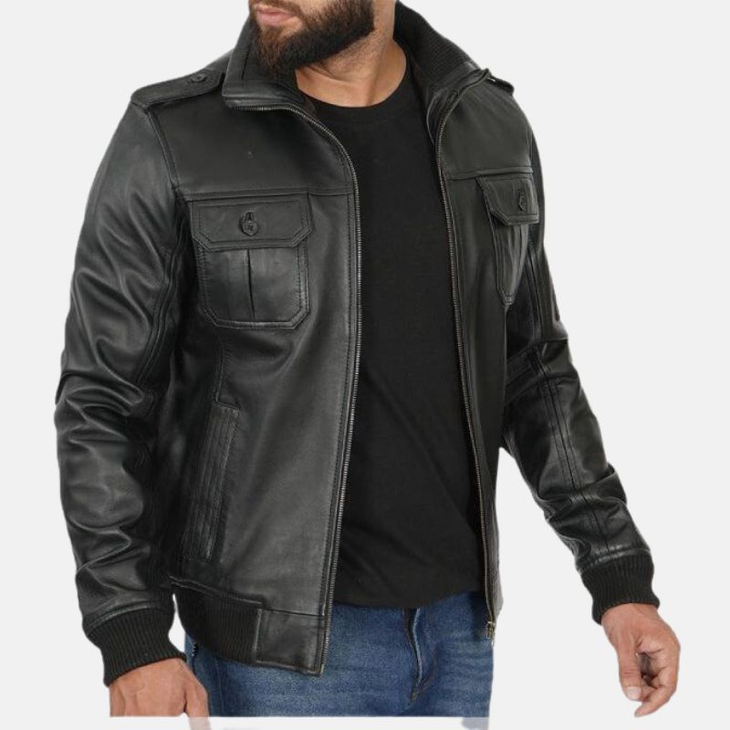 Mens Black Trucker Leather Jacket - Jackets Charm