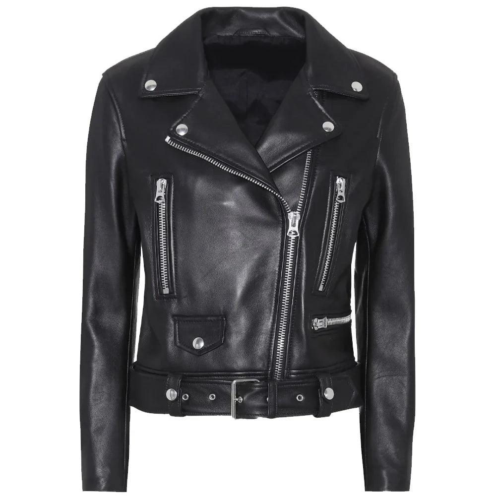 Womens Black Slim Fit Belted Motorcycle Leather Jacket - Jackets Charm