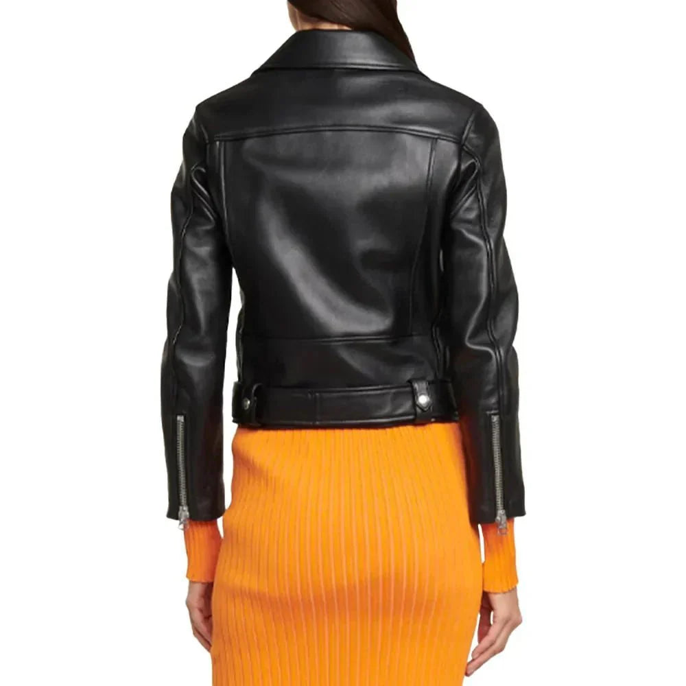 Womens Black Slim Fit Belted Motorcycle Leather Jacket - Jackets Charm