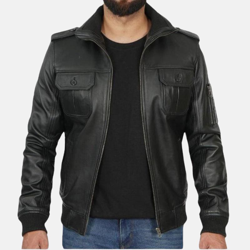 Mens Black Trucker Leather Jacket - Jackets Charm