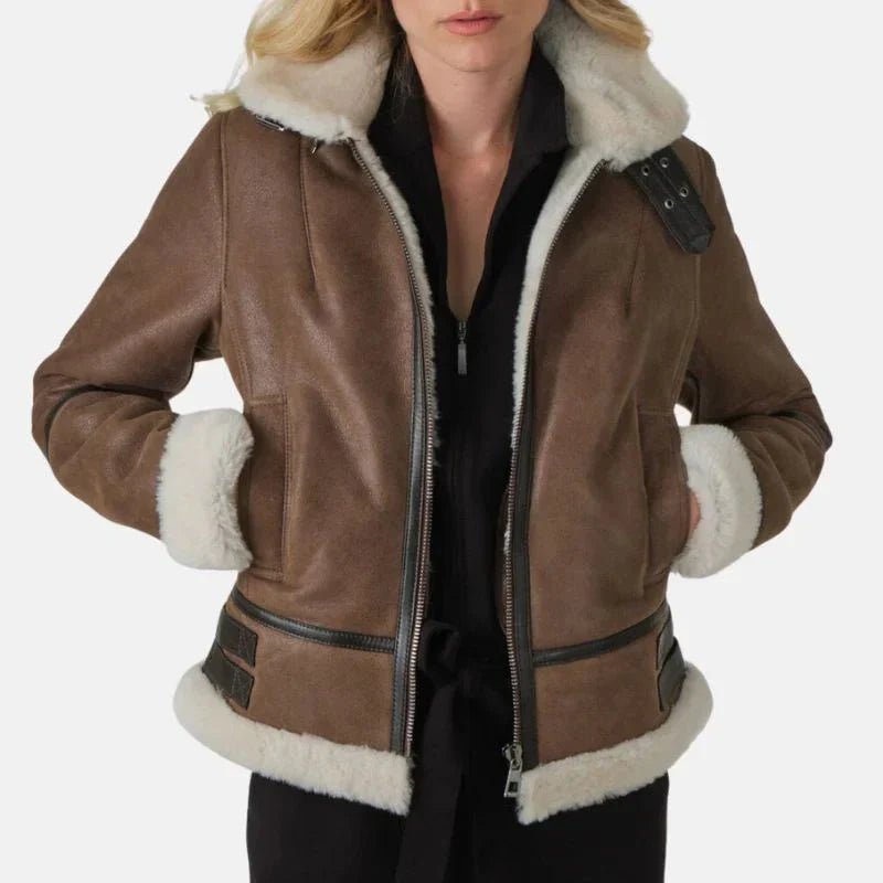 Womens Aviator Brown Leather Jacket - Jackets Charm