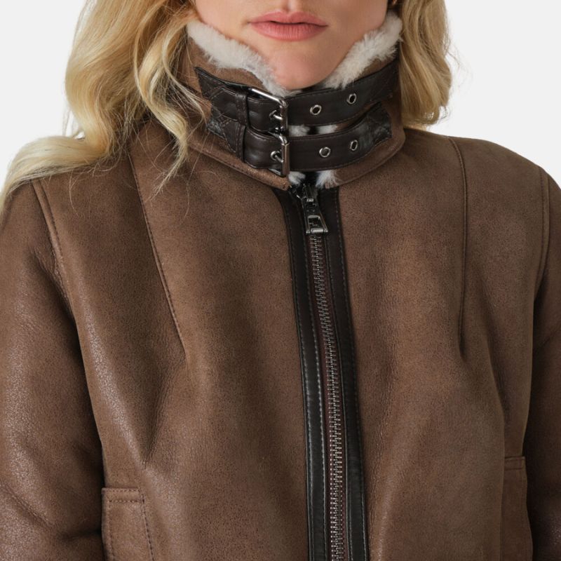 Womens Aviator Brown Leather Jacket - Jackets Charm