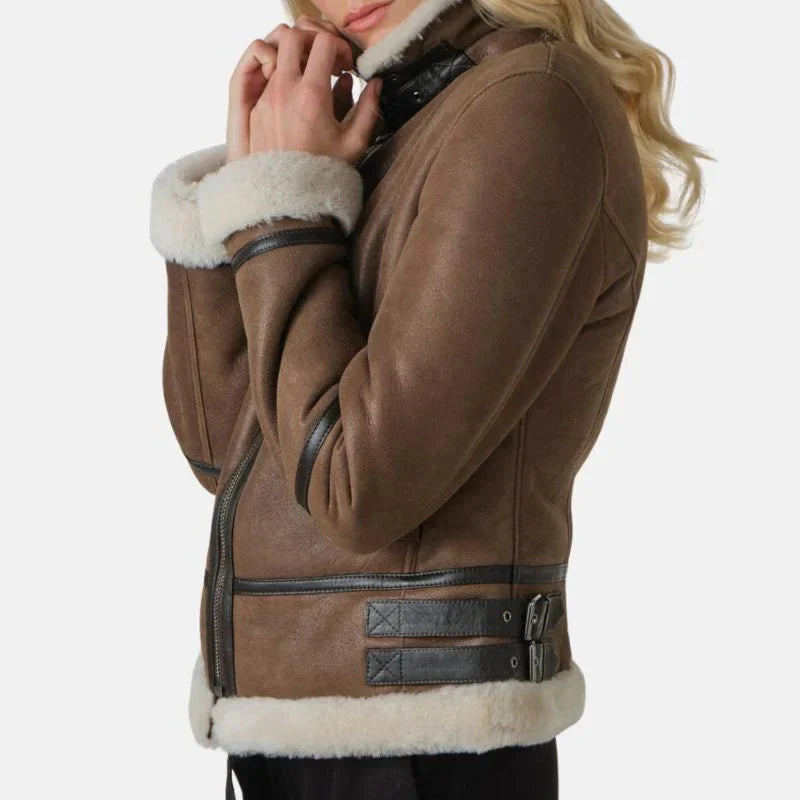 Womens Aviator Brown Leather Jacket - Jackets Charm