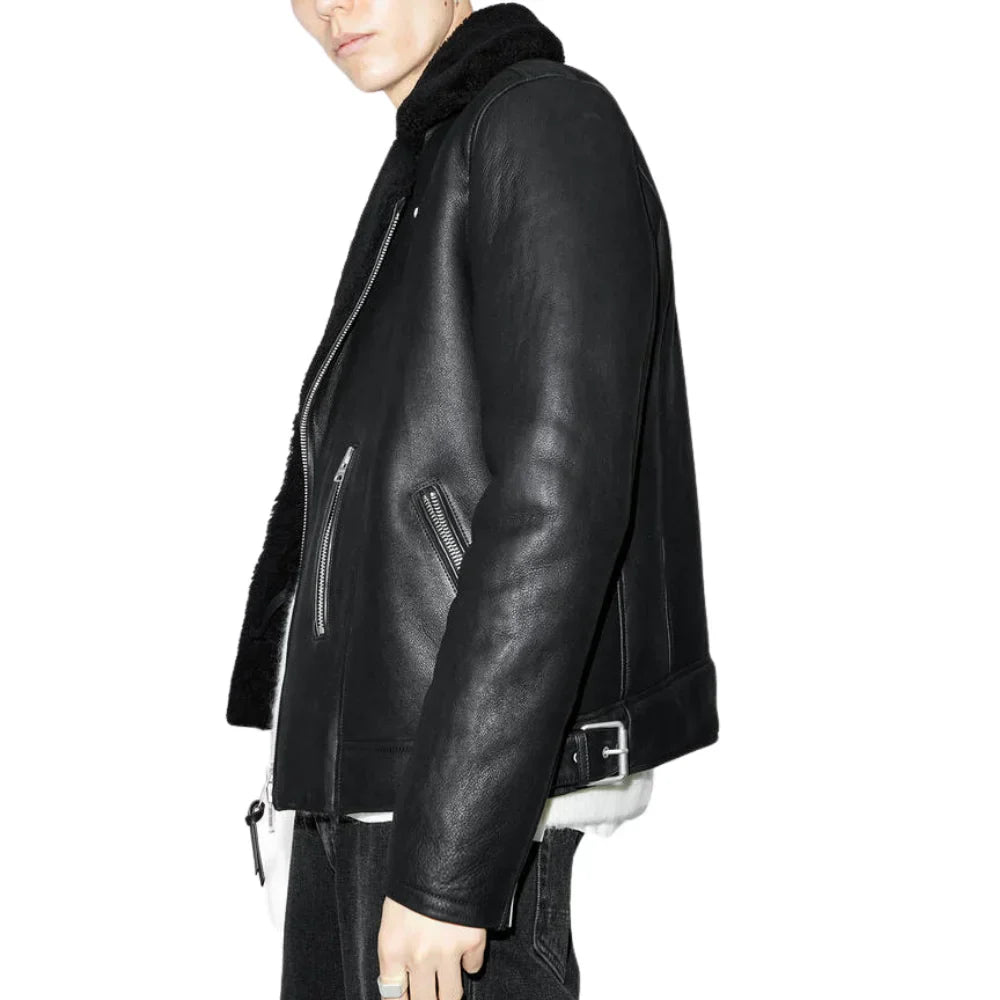 Mens Black Shearling Archon Moto Style Leather Jacket - Jackets Charm