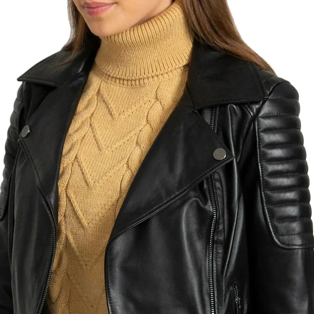 Black Quilted Leather Biker Jacket For Womens - Jackets Charm