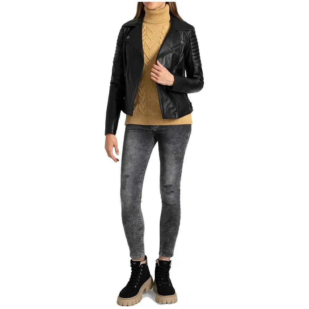 Black Quilted Leather Biker Jacket For Womens - Jackets Charm