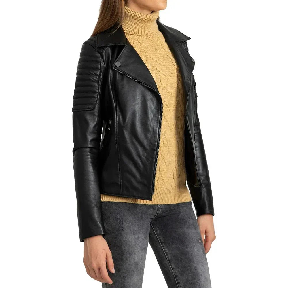 Black Quilted Leather Biker Jacket For Womens - Jackets Charm