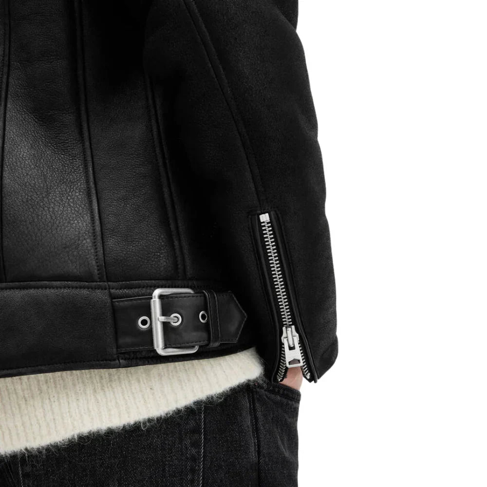 Mens Black Shearling Archon Moto Style Leather Jacket - Jackets Charm