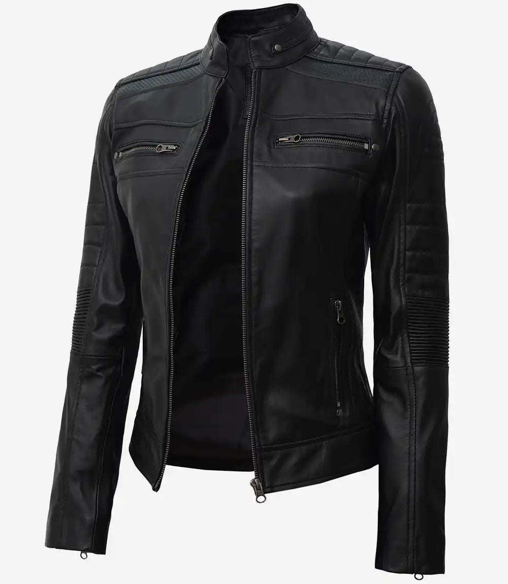 Womens Black Cafe Racer Leather Jacket - Jackets Charm