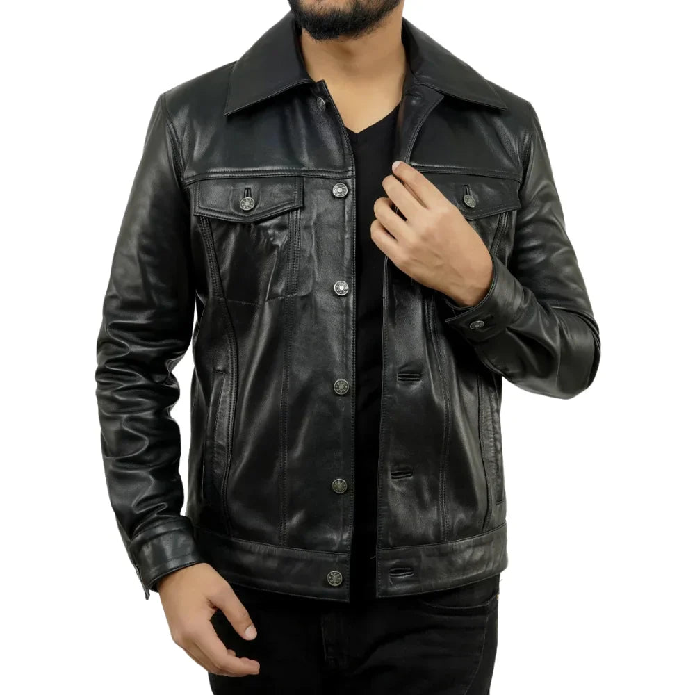 Mens Black Trucker Real Leather Jacket - Jackets Charm