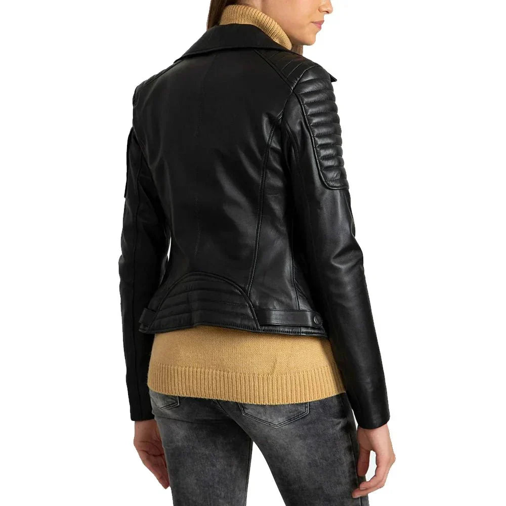 Black Quilted Leather Biker Jacket For Womens - Jackets Charm