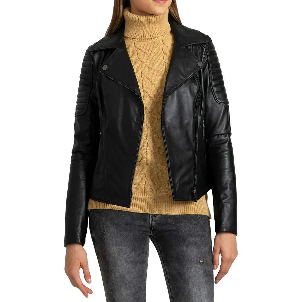 Black Quilted Leather Biker Jacket For Womens - Jackets Charm