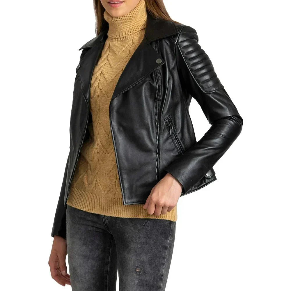 Black Quilted Leather Biker Jacket For Womens - Jackets Charm