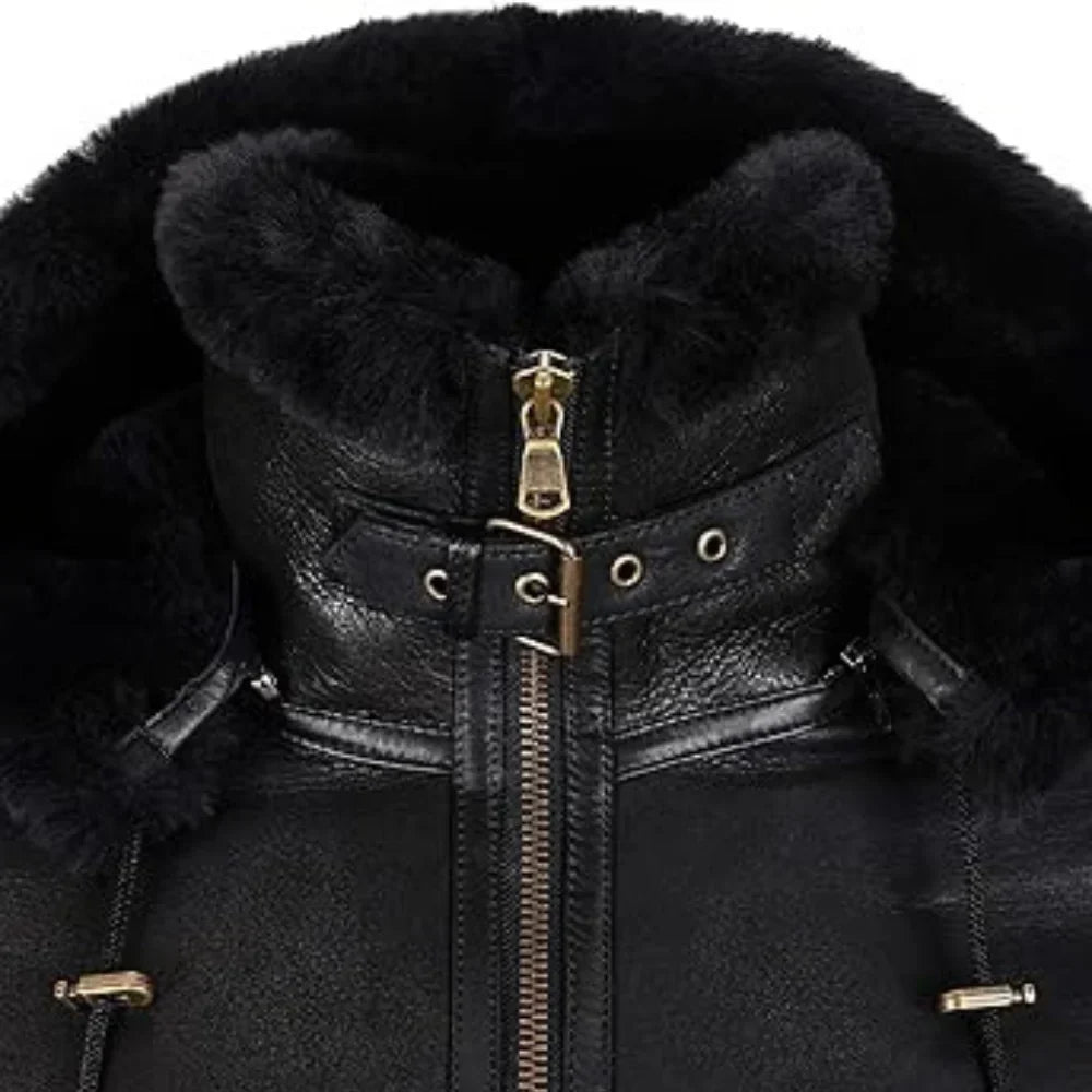 Womens Black Hooded Shearling Leather Bomber Aviator Jacket - Jackets Charm