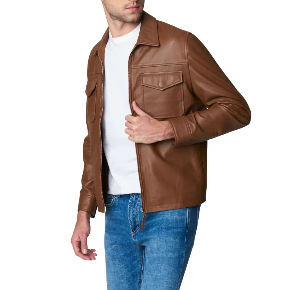 Mens Brown Moto Racer Leather Jacket - Jackets Charm