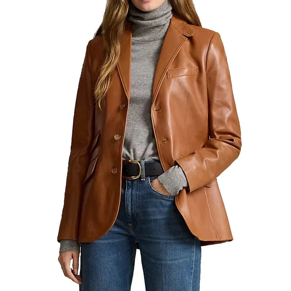 Lambskin Brown Leather Blazer For Womens - Jackets Charm