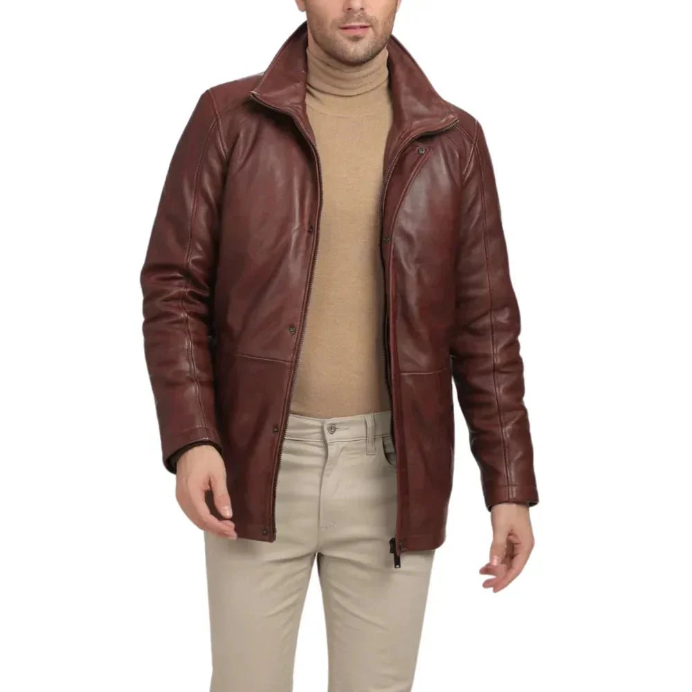 Mens Brown Real Lambskin Leather Car Coat - Jackets Charm
