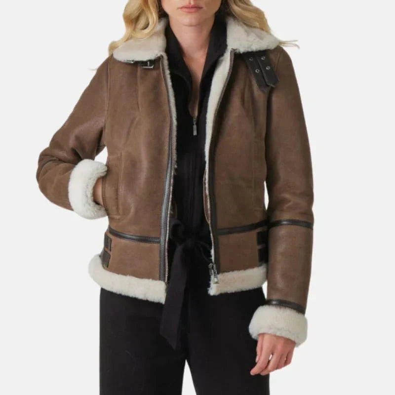 Womens Aviator Brown Leather Jacket - Jackets Charm