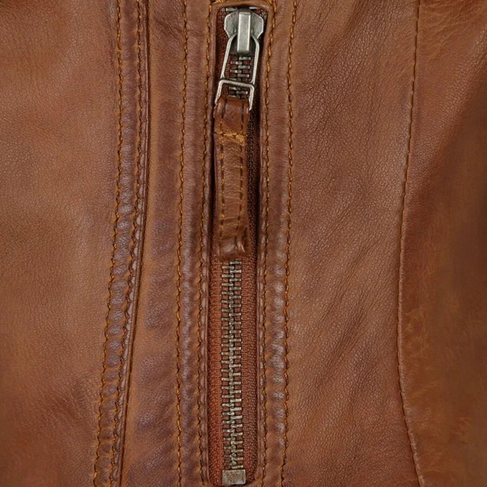 Womens Genuine Biker Brown Cognac Leather Jacket - Jackets Charm
