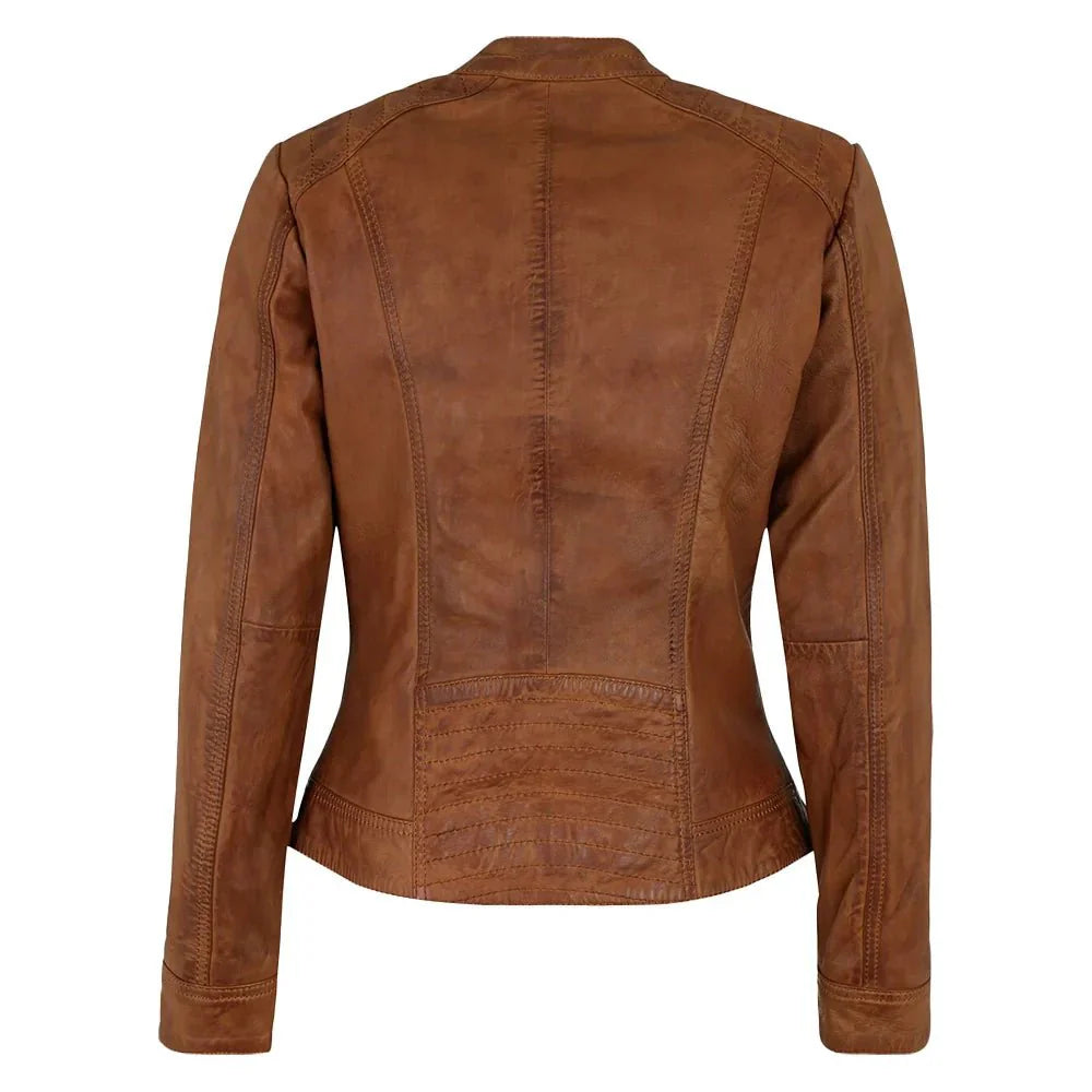 Womens Genuine Biker Brown Cognac Leather Jacket - Jackets Charm