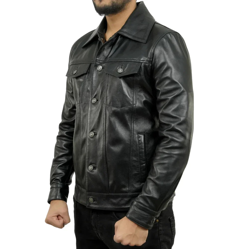 Mens Black Trucker Real Leather Jacket - Jackets Charm