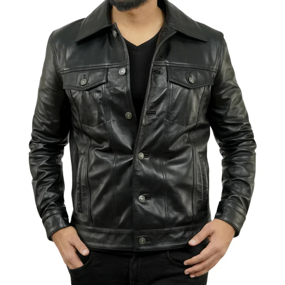 Mens Black Trucker Real Leather Jacket - Jackets Charm