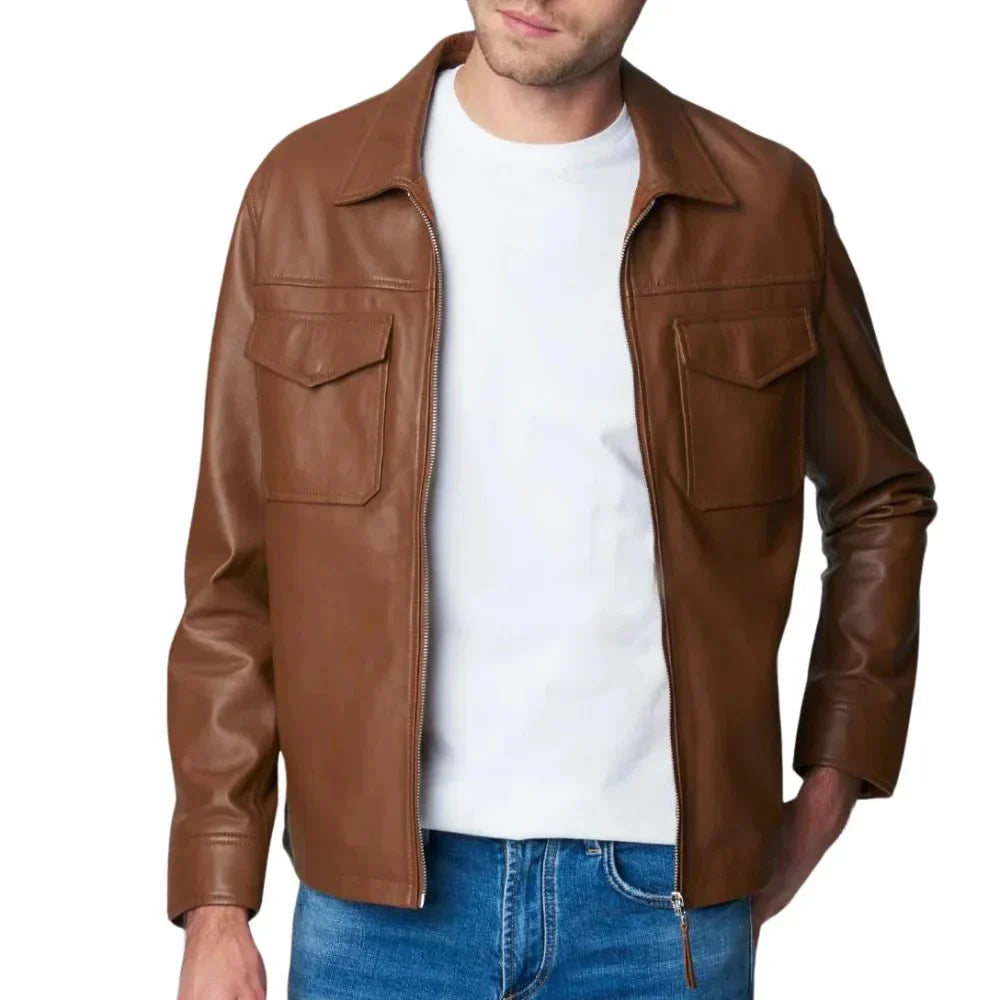 Mens Brown Moto Racer Leather Jacket - Jackets Charm