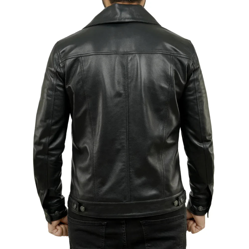 Mens Black Trucker Real Leather Jacket - Jackets Charm