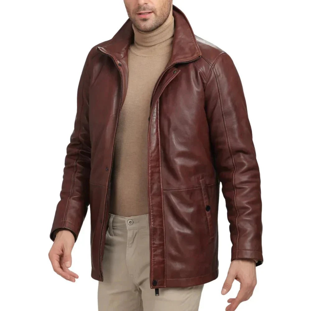 Mens Brown Real Lambskin Leather Car Coat - Jackets Charm