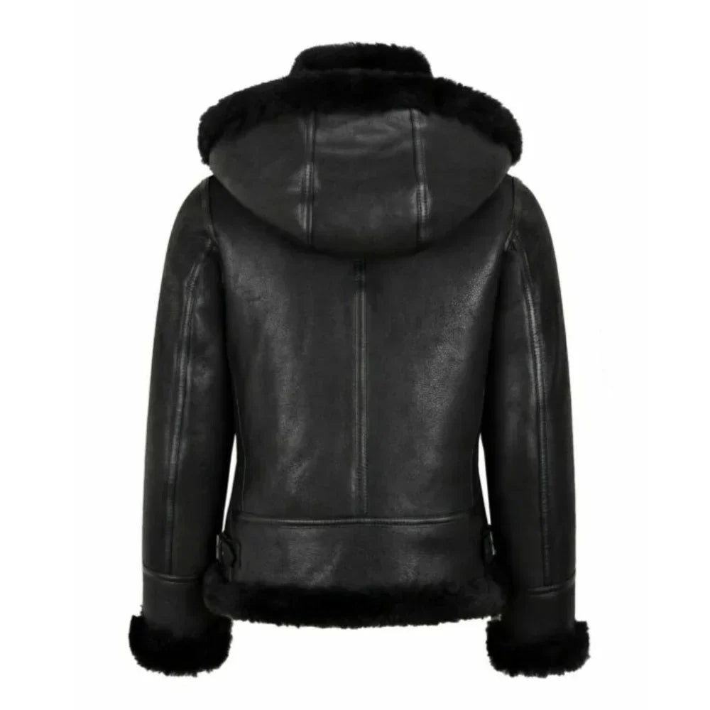 Womens Black Hooded Shearling Leather Bomber Aviator Jacket - Jackets Charm