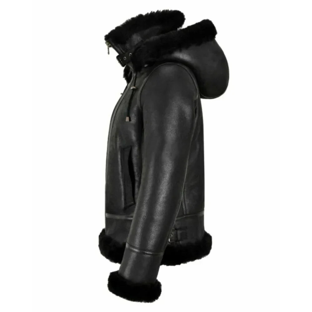 Womens Black Hooded Shearling Leather Bomber Aviator Jacket - Jackets Charm