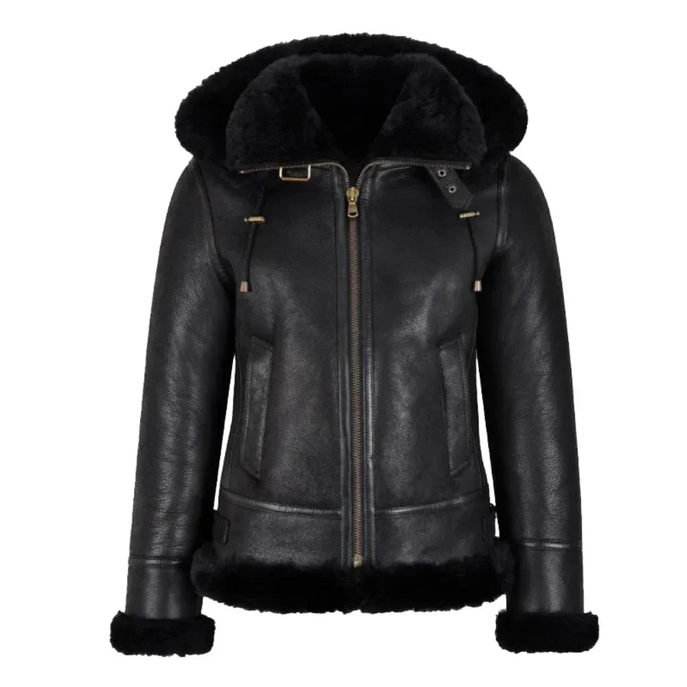 Womens Black Hooded Shearling Leather Bomber Aviator Jacket - Jackets Charm