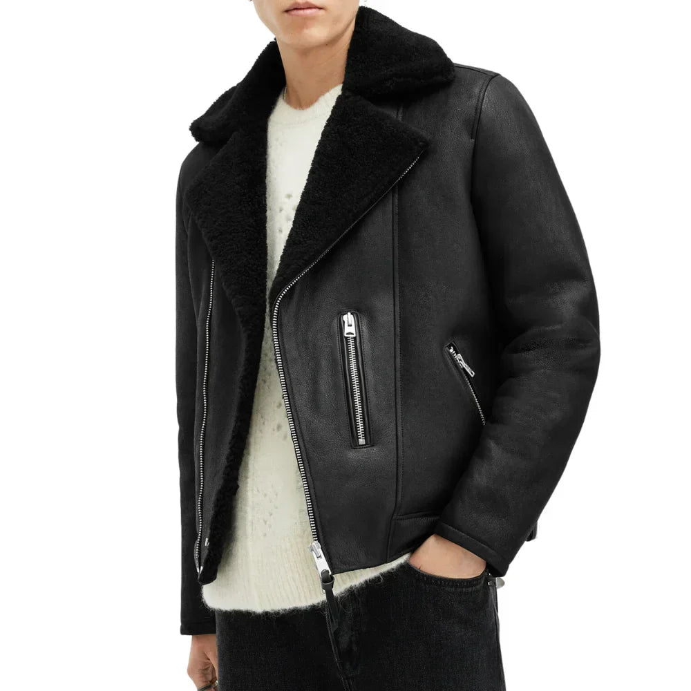 Mens Black Shearling Archon Moto Style Leather Jacket - Jackets Charm