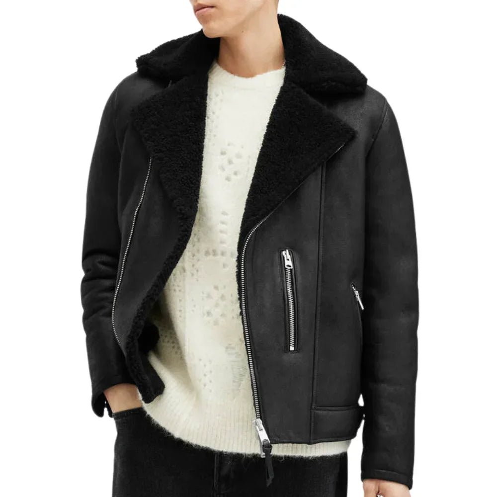 Mens Black Shearling Archon Moto Style Leather Jacket - Jackets Charm