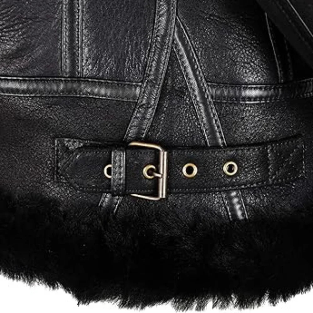 Womens Black Hooded Shearling Leather Bomber Aviator Jacket - Jackets Charm