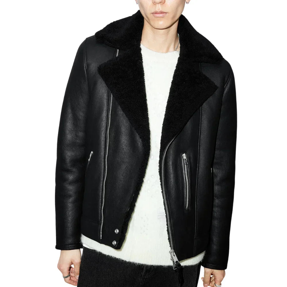Mens Black Shearling Archon Moto Style Leather Jacket - Jackets Charm