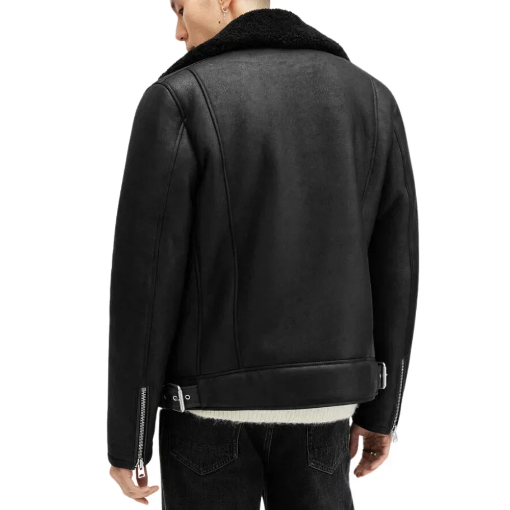 Mens Black Shearling Archon Moto Style Leather Jacket - Jackets Charm