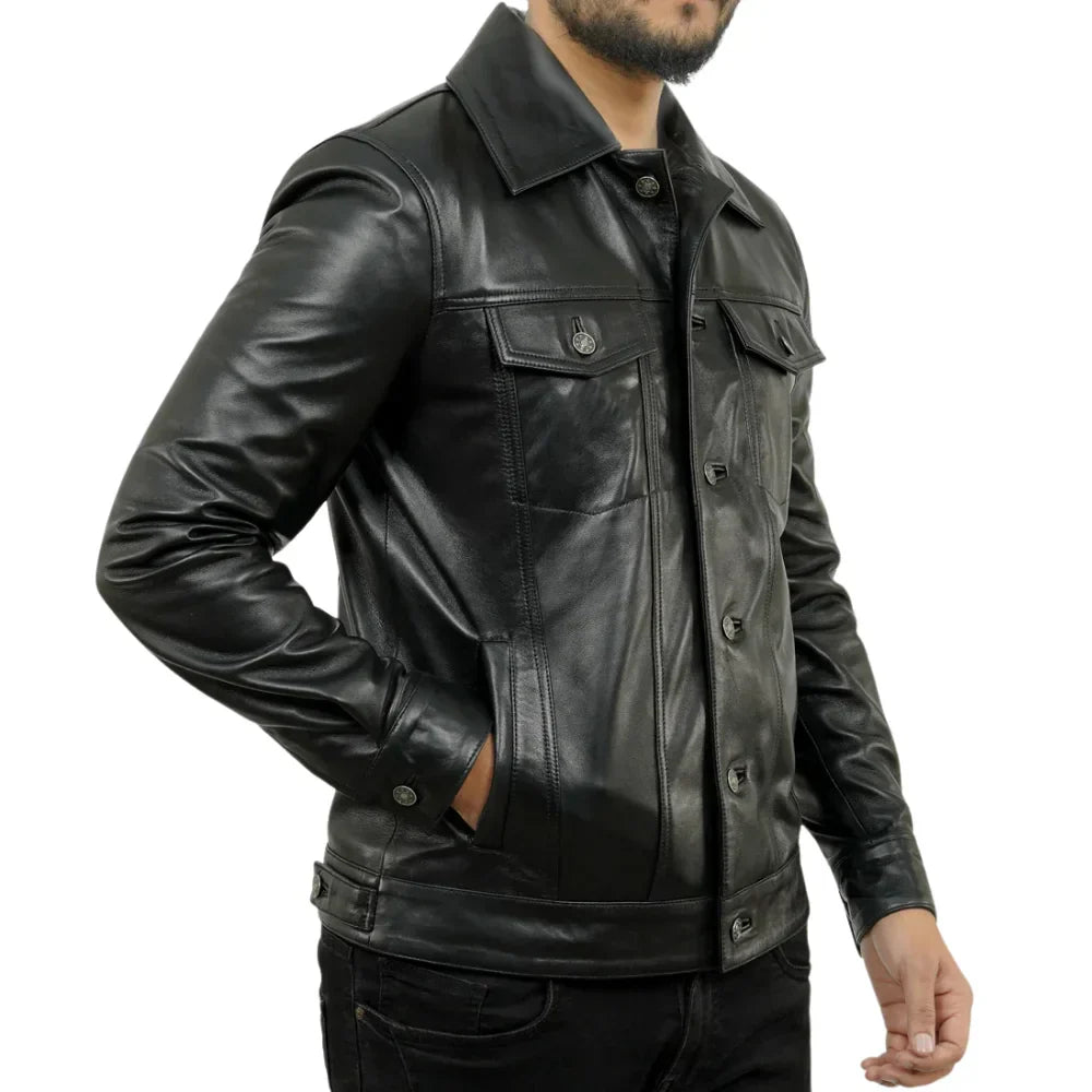 Mens Black Trucker Real Leather Jacket - Jackets Charm