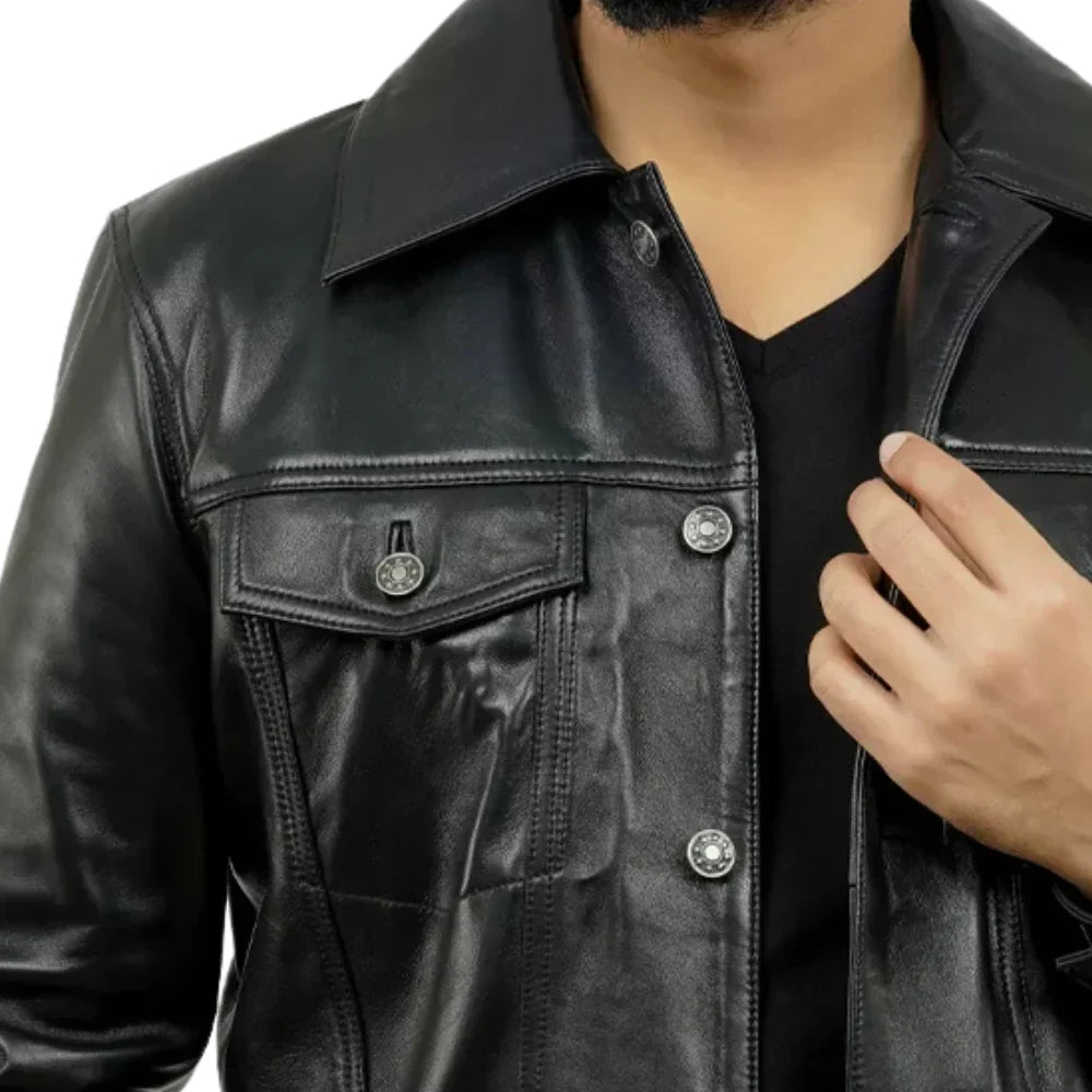 Mens Black Trucker Real Leather Jacket - Jackets Charm