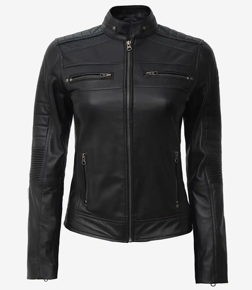 Womens Black Cafe Racer Leather Jacket - Jackets Charm